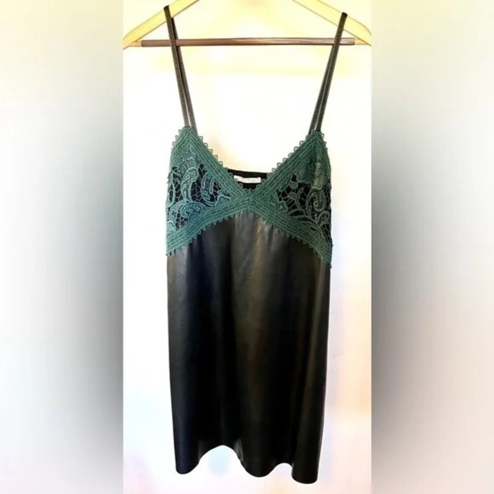 Trafaluc Vegan black leather and gorgeous teal lace slip dress. Size Small